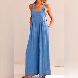 Free People Sun-Drenched Overalls Blue Jumpsuit Wide Leg